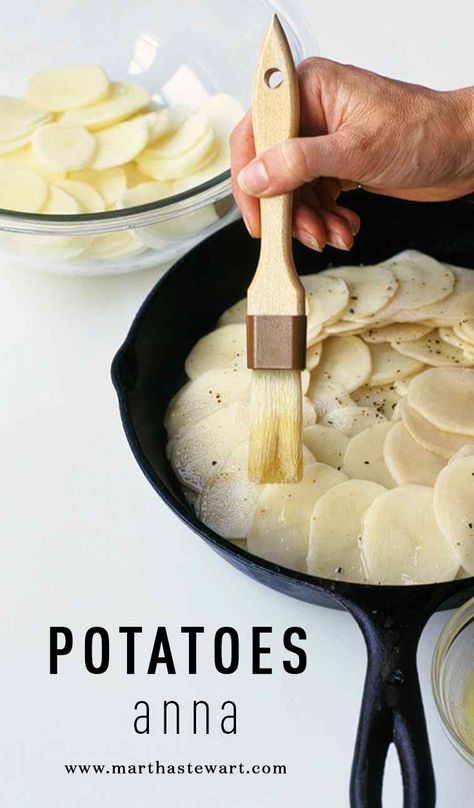 This classic French dish can be baked up to eight hours ahead. Let it cool completely, then cover loosely with foil, and refrigerate. To serve, reheat in a 350-degree oven. Potatoes Anna, Potatoes Dauphinoise, Pommes Anna, Potato Slices, French Recipe, Martha Stewart Recipes, Iron Skillet Recipes, Classic French Dishes, Cast Iron Skillet Recipes