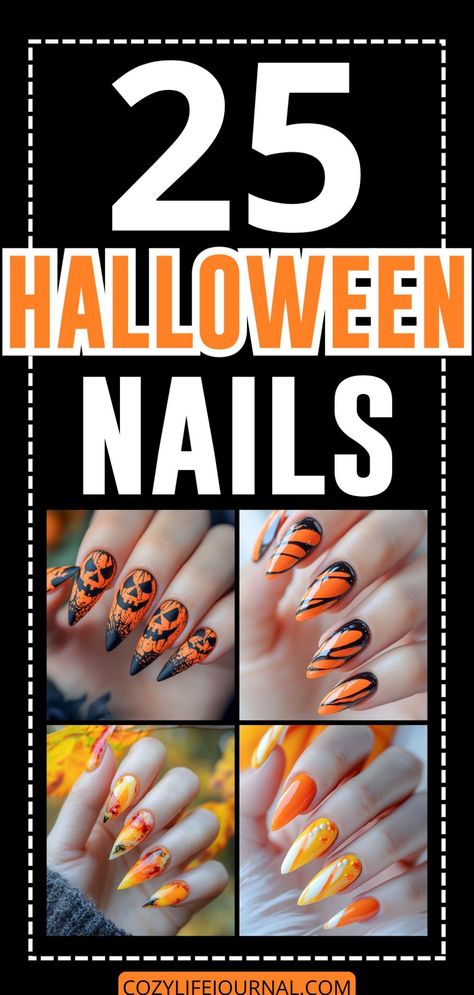 "Various Halloween-themed nail designs with orange and black patterns." Unique Halloween Nails, Spooky Nail Designs, Easy Halloween Nails, Spooky Halloween Nails, Glittery Pumpkins, Spooky Nail, Halloween Nails Easy, September Nails, November Nails