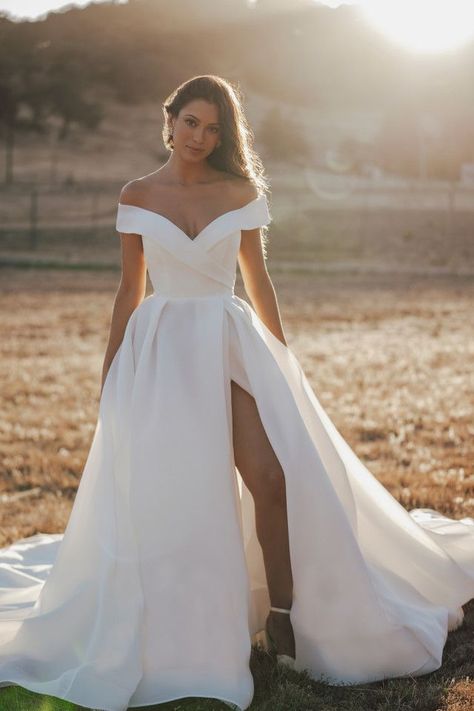 Crisp, architectural organza softly pleats and tucks along the waist and bodice of this romantic off shoulder gown | wedding, wedding planning, wedding inspo, bridal inspo, bridal outfits, wedding dress ideas, wedding gown inspo, 2024 wedding, luxury wedding dresses, designer wedding dress, best wedding dresses, trending wedding dresses, dream wedding dress, couture wedding dress, elegant wedding dress, romanti wedding dress,organza wedding dres, off-shoulder wedding dress #weddingdress #wedding Romance Wedding Dress, Allure Romance, Off Shoulder Wedding Dress, Off Shoulder Gown, Allure Bridals, Organza Wedding, Patiently Waiting, Allure Bridal, Best Wedding Dresses