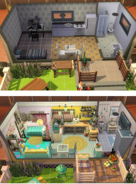 Beginner Sims 4 House Layout, Sims 4 Trailer House Interior, Sims Trailer Home, Sims 4 Trailer House Layout, Tiny Living Sims 4, Sims 4 Camper, Sims 4 Trailer House, Sims 4 Trailer, Sims Building Ideas