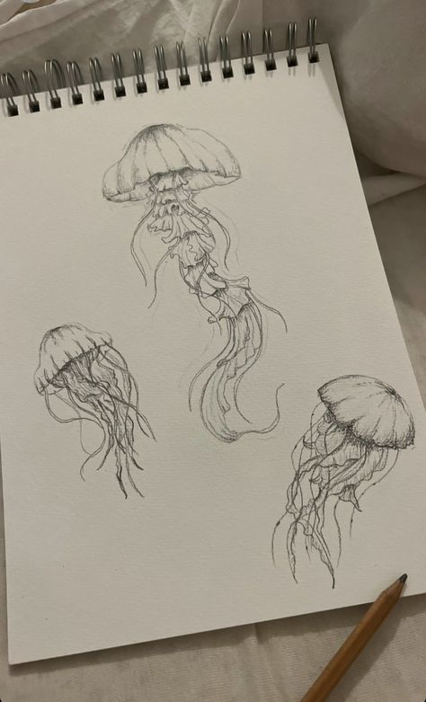 Cool Jellyfish Drawing, Fish Tank Sketch, Ocean Themed Sketches, How To Draw Water Pencil, Ocean Life Sketches, Mythical Sea Creatures Drawing, Calming Sketches, Ocean Animal Sketches, Marine Life Sketches