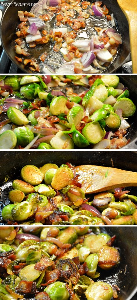 Sautéed Brussels Sprouts with Bacon and Onions - Beyer Beware Sauteed Brussels Sprouts, Sautéed Brussels Sprouts, Fried Bacon, Asparagus Dishes, Brussels Sprouts With Bacon, Asparagus Recipes, Bacon Brussel Sprouts, Vegetable Side Dishes Recipes, Sprouts With Bacon