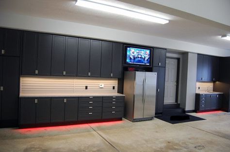 Masculine Home Garage Ideas Black Cabinet Storage Units With Fridge And Neon Lights Garage Cabinets Ikea, Rinnovo Garage, Rifacimento Garage, Garage Hanging Storage, Garage Wall Cabinets, Officine In Garage, Garage Paint, Casa Garage, Garage Floor Paint