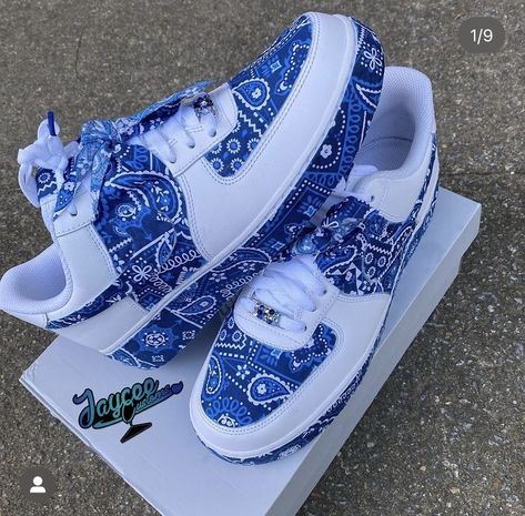 Red Bandana Shoes, Nike Casual Shoes, Nike Shoes Blue, Nike Shoes Women Fashion, Nike Casual, Blue Bandana, Nike Fashion Shoes, Jordan Shoes Retro, Custom Nike Shoes