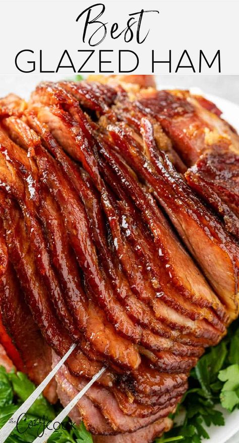 This EASY Glazed Ham Recipe is brush with honey butter and baked in the oven or the Crock Pot before being brushed with a sweet pineapple brown sugar glaze! a perfectly caramelized top! Easy Glazed Ham, Pineapple Brown Sugar Glaze, Honey Ham Recipe, Thanksgiving Ham Recipes, Ham Recipes Crockpot, Honey Baked Ham Recipe, Thanksgiving Ham, Ham Recipes Baked, Ham Glaze Recipe