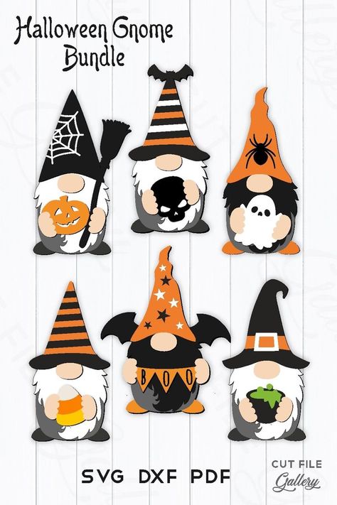 Bring charm to your Halloween with adorable gnome crafts! From bulletin boards to door hangers, these creative ideas will delight gnome lovers of all ages. Halloween Painted Knomes, Halloween Gnome Bulletin Board, Halloween Gnome Door Hanger, Gnome Halloween Cards, Halloween Gnomes Painting, Halloween Gnome Nails, Halloween Laser Cut Ideas, Halloween Nomes, Gnome Door Hangers