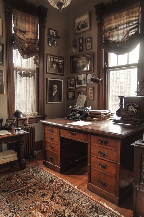 Vintage Office Ideas, 1920s Office, Vintage Office Design, Victorian Writing Desk, Antique Wooden Desk, Dark Academia Interior, Dark Academia Room, Vintage Setting, Academia Room