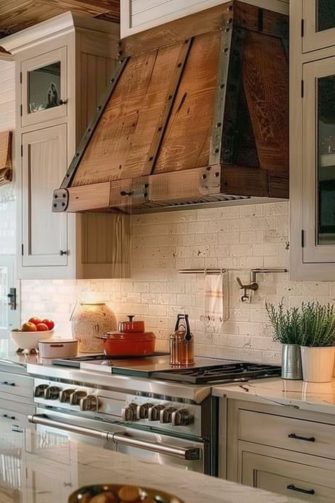 Pair your farmhouse kitchen range hood with stunning backsplash ideas for a cohesive look. #RangeHoodBacksplash #FarmhouseKitchen #KitchenDesign Rustic Kitchen Hood Ideas, Hood Backsplash Ideas, Ventless Farmhouse Range Hoods, Gemstone Projects, Farmhouse Hood Vents Kitchen Wood, Stove Vent Hood Ideas, Range Hood Backsplash, Wooden Range Hood Ideas, Farmhouse Range Hood Wood