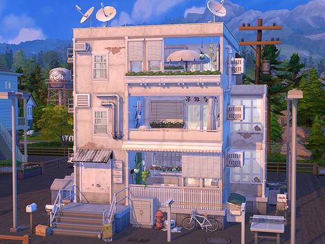 Exterior Sims 4, Sims 4 Korean Lots, Sims 4 Houses Apartments, Sims 4 Run Down Apartment, Sims 4 Mt Komorebi Apartment, Sim4 Apartment, Sims 4 Loft House Exterior, The Sims 4 Apartment Building, Sims4 Apartment Building