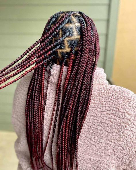 Burgundy Knotless Braids, Burgundy Knotless, Burgundy Braids, Knotless Braids Hairstyles, Small Forehead, High Updo, Ombre Burgundy, Free Spirited Woman, Braid Designs