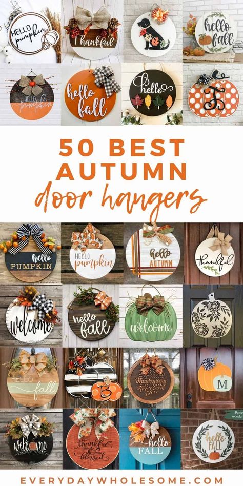 These are 50 Fall Door Hangers for Autumn Season to hang on your door like a wreath for Thanksgiving through Christmas season. Some of this door hanger ideas are wooden, round, pumpkin, wreaths, carved, or painted. Many have ribbons. Most are colored with orange, browns, white, reds and greens. Some are black & white. Some are neutral. Some could be an easy DIY or you can shop this post. #doorhanger #falldoorhanger #fallwreath #falldecor #fallhomedecor #diydoorhanger Fall Door Hangers Diy, Door Hangers Fall, Door Hangers Diy, Idee Cricut, Door Signs Diy, Wooden Door Signs, Fall Door Hangers, Wood Door Hangers, Fall Halloween Crafts