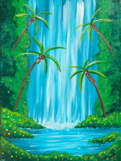 "Jungle Falls" Painting Party with The Paint Sesh Waterfall Acrylic Painting, Falls Painting, Jungle Painting, Pin Crafts, Waterfall Paintings, Painting Party, Ornament Ideas, Clothes Pin Crafts, Autumn Painting