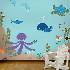 Virtual Wall Mural Builder Under The Sea Wall Mural, Baby Room Mural, Sea Wall Mural, Sea Murals, Ocean Themed Rooms, Mural Stencil, Painting Kids, Stencil Painting On Walls, Diy Wand