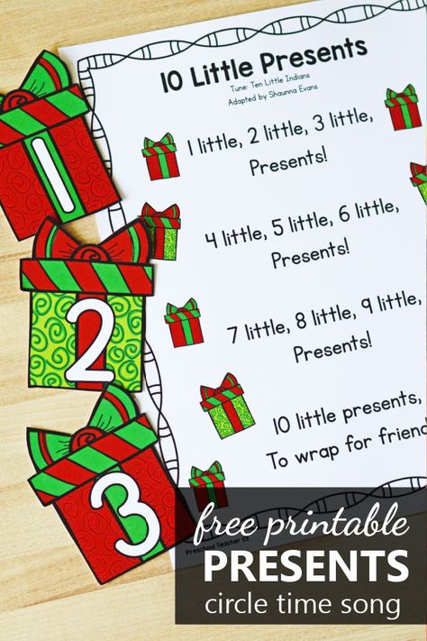 Free printable 10 Little Presents Christmas Counting Song for preschool and kindergarten Christmas activities Christmas Music Activities Preschool, Toddler Christmas Circle Time, Christmas Circle Time Activities For Toddlers, Gingerbread Songs For Preschool, December Songs For Preschool, Christmas Circle Time Activities, Christmas Songs For Preschoolers, Christmas Songs For Toddlers, Infant Education