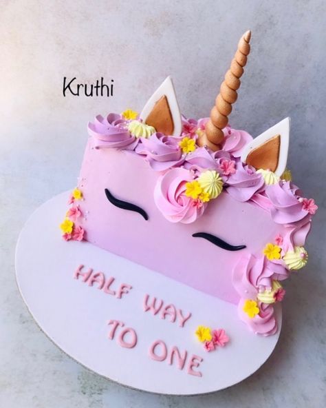 Cake Artist | Coimbatore Home Baker | Half birthday cake in unicorn… | Instagram Half Way To One Cake Ideas, 6 Months Anniversary Cake, Half Way To One Cake Girl, Half Cake Birthday 6 Months Girl, Half Birthday Cakes Girl, Half Cake Birthday 6 Months, Half Birthday Ideas For Girls 6 Months, Halfway To One Cake, Half Birthday Ideas