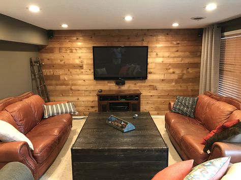 Recycled raw cedar siding accent wall Cedar Plank Accent Wall, Wood Basement Walls, Cedar Walls Interior Living Room, Cedar Living Room, House With Beams, Cedar Accent Wall, Barnwood Accent Wall, Farmhouse Basement, Finished Basement Designs