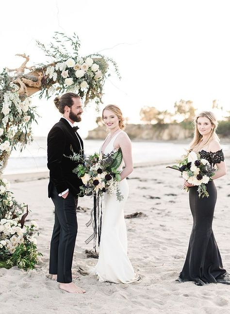 Black Tie Beach Wedding Black Beach Bridesmaid Dresses, Beach Black Wedding, All Black Beach Wedding, Black White Beach Wedding, Black Suit Beach Wedding, Black Bridesmaid Dresses Beach Wedding, Halloween Beach Wedding, Black Bridesmaid Dresses Beach, Beach Wedding Black And White