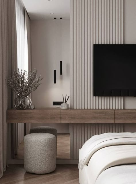 Bedroom Tv And Desk, Modern Room Wall Decor, Tv Wall Ideas In Bedroom, Modern Gray Bedroom Ideas, Desk And Tv In Bedroom, Media Wall In Bedroom, Bedroom Design Tv Wall, Tv Wall Bedroom Ideas, Tv On Wall Ideas Bedroom