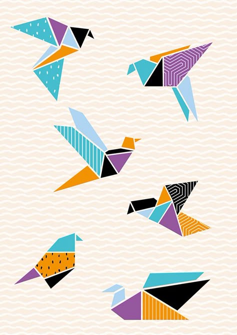 Origami 3d Shapes, Origami Crane Art, Paper Crane Illustration, Paper Crane Wall Art, Origami Crane Wallpaper, Geometric Bird Art, Oragami Birds, Origami Crane Illustration, Origami Illustration