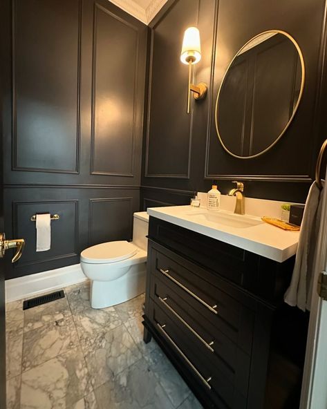 21  Elegant Black Bathroom Vanity Ideas (2024) - DrExplains Powder Room With Black Vanity, Small Powder Room Ideas Half Baths, Half Bath Vanity Ideas, Black Bathroom Vanity Ideas, Dark Powder Room Ideas, Luxury Powder Room Design, Black Half Bathroom, Statement Powder Room, Modern Half Bathroom