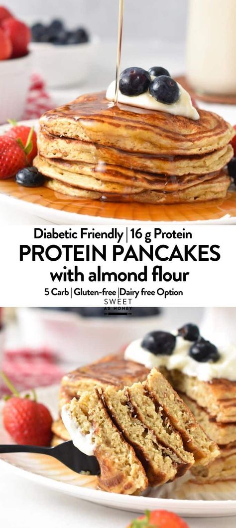 This Protein Pancakes recipe delivers the best light, fluffy gluten-free protein powder pancakes packed with 16 g of proteins and 5 g carbs. Gluten Free Dairy Free Protein Pancakes, Grain Free Pancakes Almond Flour, Protein Pancakes Almond Flour, Vanilla Protein Powder Pancakes, Dairy Free Protein Pancakes, Arbonne Protein Pancakes, Gf Protein Pancakes, High Protein Pancake Recipe, Almond Flour Protein Pancakes