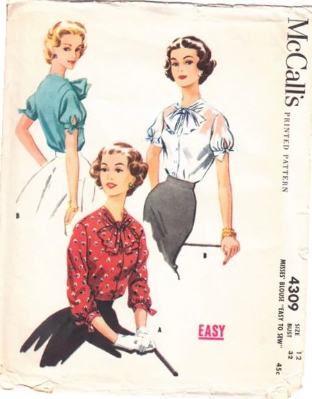 McCall's 4309 | Vintage Sewing Patterns | Fandom Puff Sleeve Blouse Pattern, Sew Blouse, 1960s Costumes, Sew Button, Vintage Blouses, Vintage Blog, 20th Century Fashion, Vintage Dress Patterns, Vintage Wardrobe