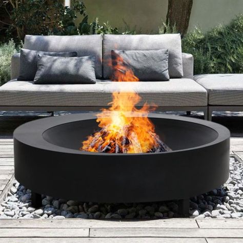 Black Fire Pit, Fire Pit Areas, Fire Pit Sphere, Outdoor Firepits, Outdoor Fire Pit Area, Farm Cabin, Deck Fire Pit, Modern Fire Pit, Outdoor Fireplace Designs