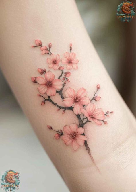 The Art and Symbolism of Cherry Blossom Tree Tattoo Designs: A Comprehensive Exploration - inktat2.com Flower Tatoos Woman Arm, Cherry Blossom Drawing Tattoo, Cherry Blossom Tattoo Sleeve Woman, Japanese Sakura Tattoo, Cherry Blooms Tattoo, Japanese Cherry Blossom Tattoos, Japanese Tattoo Flower, Sakura Flower Tattoo, Tattoo Collage