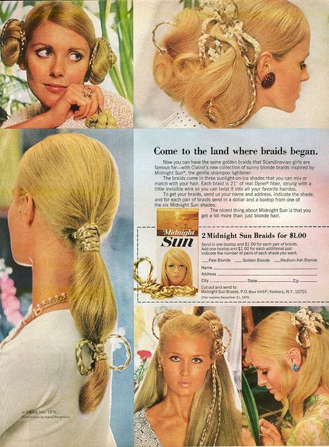 Hair Ads, Sun Hair, 1970s Hairstyles, Retro Updo, Vintage Hairstyle, 70s Hair, Retro Makeup, 60s And 70s Fashion, Retro Beauty