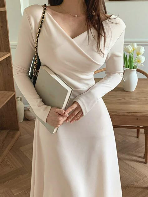 Solid Surplice Neck A-line Dress | SHEIN USA Fancy Dresser, V Neck Long Sleeve Dress, Fated To Love You, 6th Form, Queen Esther, Dress Elegant Long, Dresses Ball Gown, Dress For Spring, Women Long Sleeve Dress