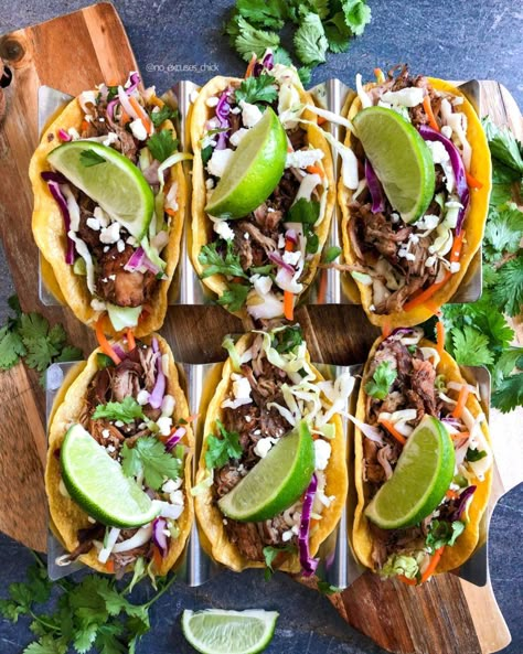 Healthy Pork Tacos, Special Lunch Ideas, Pulled Pork Tacos With Slaw, Healthy Carnitas, Pork Tacos With Slaw, Slaw Tacos, Crispy Corn Tortillas, Mexican Slaw, Pork Carnitas Tacos