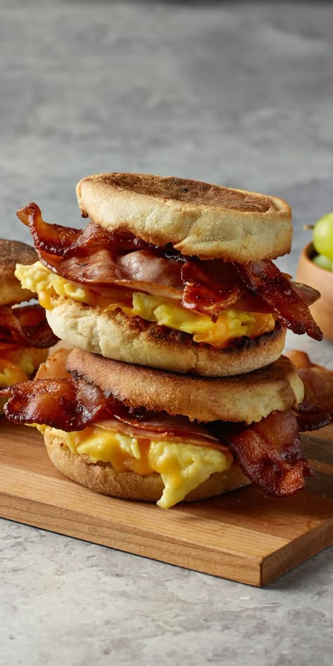 Enjoy bacon, smoked ham, eggs and melty cheddar cheese on a toasted English muffin. Bacon Breakfast Sandwich, English Muffin Recipes, Funny Items, Bacon Breakfast, Breakfast Sandwiches, Smoked Ham, Yummy Comfort Food, English Muffin, Food Is Fuel