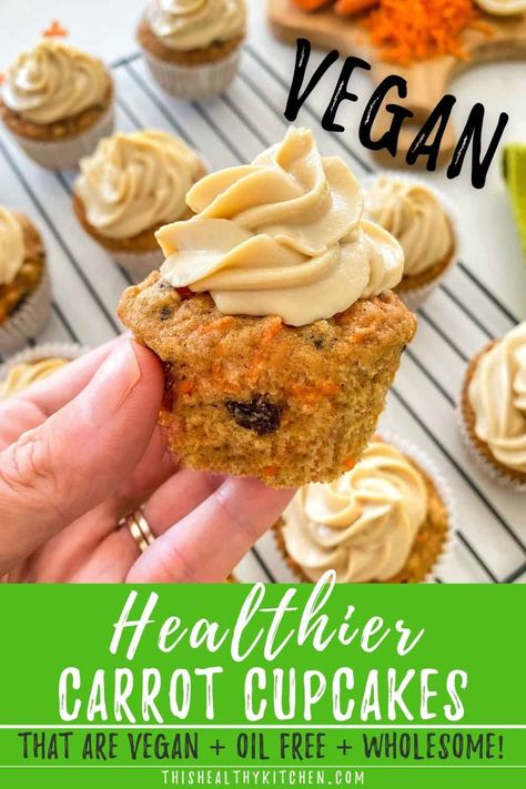 Healthy Vegan Carrot Cupcakes Vegan Carrot Cake Cupcakes, Cupcakes Healthy, Vegan Cream Cheese Frosting, Vegan Carrot Cake, Healthy Cupcakes, Vegan Easter, Vegan Carrot Cakes, Wfpb Recipes, Carrot Cupcakes