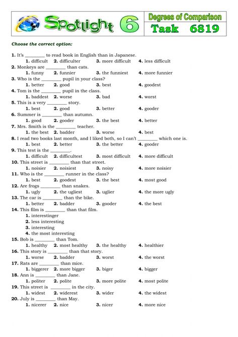 Adjective Degrees Worksheet, Degrees Of Adjectives Worksheets, Adjectives Degrees Of Comparison, Degrees Of Comparison Worksheets, Degrees Of Adjectives, Comparison Of Adjectives, English Vocabulary Exercises, Comparison Worksheet, Adjectives Exercises