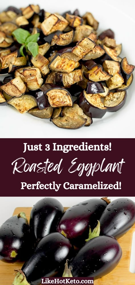 Roasted, golden brown eggplant cubes and purple globe eggplants on a cutting board. Italian Roasted Eggplant, How To Cook Eggplant On The Stove, How To Make Eggplant, Mediterranean Eggplant Recipes, Eggplant Steak, Eggplant Health Benefits, Pku Recipes, Baked Eggplant Recipes, Best Eggplant Recipe