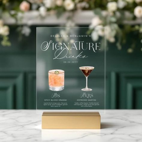 His And Her Drinks Signature Cocktail, Signature Wedding Drinks Espresso Martini, Specialty Cocktails Wedding Sign, Christmas Wedding Cocktails, Her Drinks For Wedding, His And Her Drink Sign, Espresso Martini Signature Drink Wedding, His And Hers Signature Drinks Wedding, Wedding His And Hers Cocktails