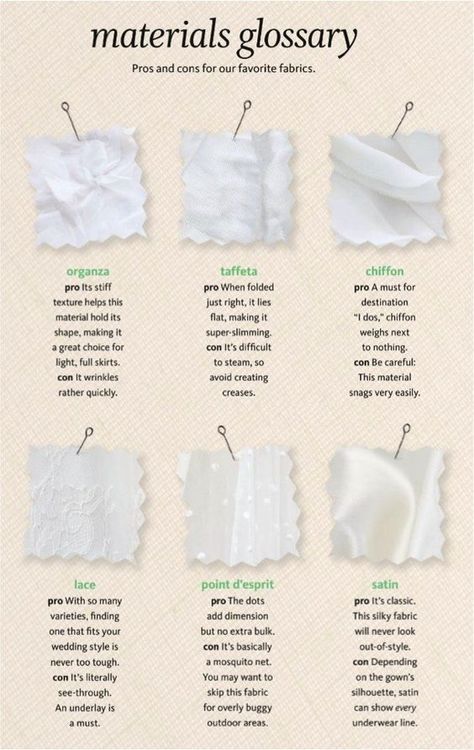 Get familiar with fabrics. | 17 Wedding Dress Diagrams That Will Simplify Your Shopping Wedding Dress Material, Wedding Dress Types, Wedding Dress Fabric, Diy Wedding Dress, Fashion Dictionary, Fashion Vocabulary, Wedding Dress Fabrics, Dresses Vintage, Perfect Wedding Dress