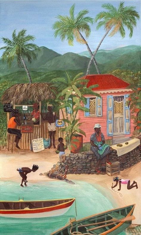 Caribbean Art West Indies, Caribbean Paintings, Haiti History, Cartoons Videos, Jamaican Art, Artwork Collection, Arty Ideas, Haitian Art, Tropical Painting