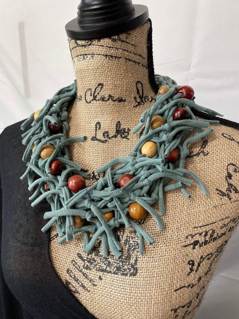 Textile Accessories, Locker Hooking, Tshirt Necklace, Knitted Necklace, Fabric Scarf, Denim Jewelry, Jacksonville Beach, Scarf Necklace, Fiber Jewelry