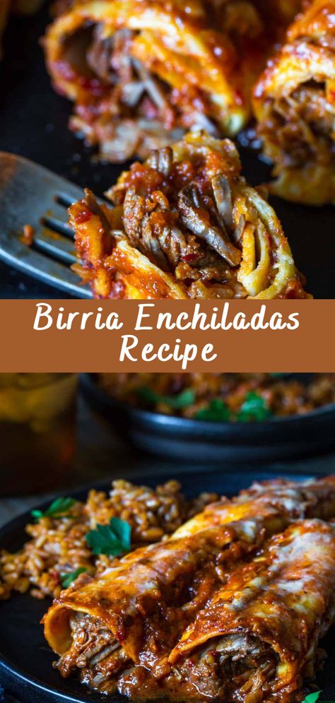 Birria Enchiladas Recipe | Cheff Recipes Dinner Recipes Tasty, Yummy Mexican Recipes, Al Pastor Crockpot Recipes, Spanish Tacos Recipe, Spanish Easy Recipes, Best Enchiladas Recipe, Mexican Tuesday Recipes, Entree Ideas Dinner, Birria Mac And Cheese