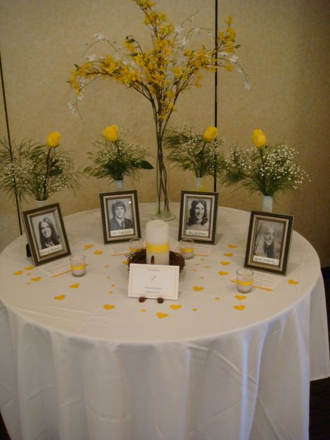 Memorial table for our classmates who passed away...high school picture of each with a small card which told about their life after high school. High School Reunion Planning, Family Reunion Centerpieces, School Reunion Decorations, Class Reunion Planning, 50th Class Reunion Ideas, Class Reunion Invitations, Reunion Centerpieces, 10 Year Reunion, High School Class Reunion