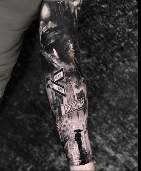 New York Tattoo Sleeve, Nyc Tattoo Ideas, Cool Sleeve Tattoos, Hiphop Tattoo, Hollywood Tattoo, Portrait Tattoo Sleeve, Leg Band Tattoos, Skyline Tattoo, Chicanas Tattoo