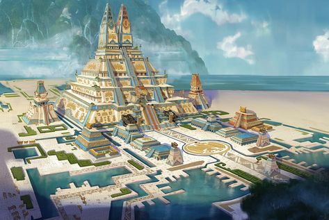 Maya And The Three, Aztec Architecture, Mesoamerican Architecture, Aztec City, Maya Art, Fantasy City, Fantasy Places, Country Design, Fantasy Concept Art