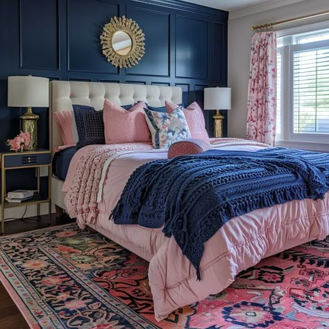 Vibrant Room Transformations Using Pink and Navy Color Schemes • 333+ Art Images Navy Bedding Bedroom Ideas, Feminine Navy Bedroom, Navy Pink Gold Bedroom, Navy Pink And Gold Bedroom, Girl Bedroom Color Schemes, Pink Navy Bedroom, Navy Pink Bedroom, Blue And Pink Bedroom For Adults, Pink And Navy Blue Bedroom