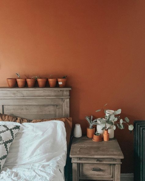 Sherwin Williams Cavern Clay bedroom inspiration #rusticbedroom Cavern Clay Bedroom, Cavern Clay Sherwin Williams, Clay Paint Color, Clay Bedroom, Cavern Clay, Walls Painting, Accent Wall Paint, Clay Paint, Orange House