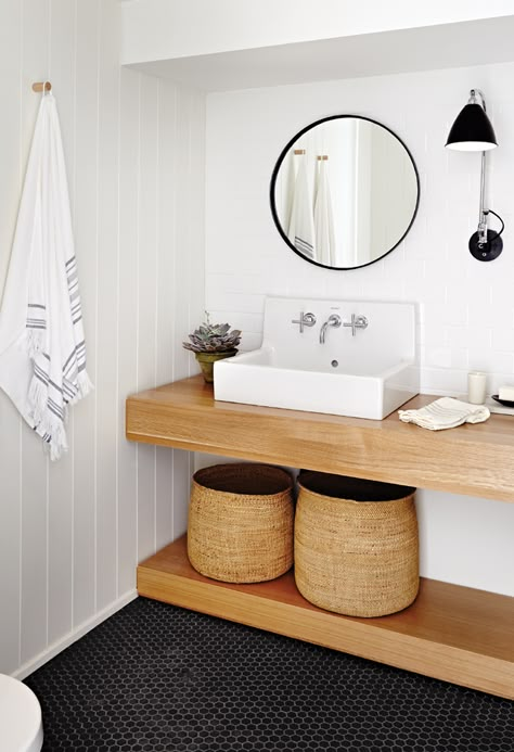 This could be really cool for the downstairs bathroom, concrete floors, open wood top + white vessel sink :: BASEMENT Bad Inspiration, Ideas Hogar, Decor Baie, Floating Vanity, Bathroom Trends, Basement Bathroom, Bad Design, Minimalist Bathroom, Laundry In Bathroom