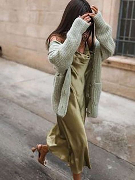 Styling Slip Dress, Slip Dress Outfit Fall, Dress With Flannel, Slip Dress Outfit Winter, How To Style A Slip Dress, Style A Slip Dress, Dresses For Formal, Slip Dress Outfit, Green Slip Dress