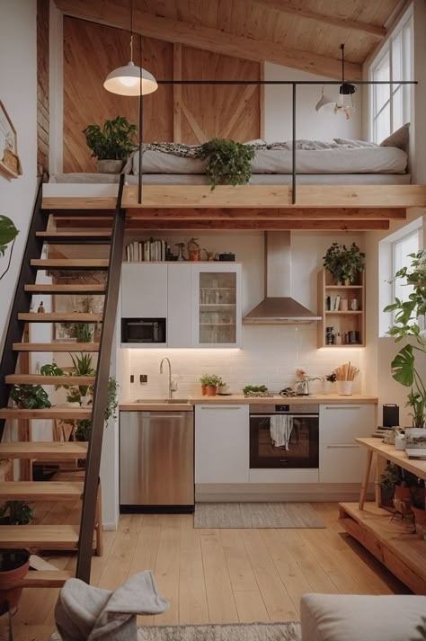 Cute Lofts Apartments, House Loft Design, Modern Loft House Design, Apartment With Loft, Boho Loft Apartment, Tiny Loft Apartment, Tiny Houses Interior, Cozy Loft Apartment, Loft Apartment Ideas