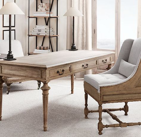 Restoration Hardware Desk Hardware, Office Redo, Portland House, Inspirational Office, Partners Desk, Home Office Library, Beach Interior, Library Table, Office Library