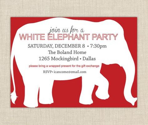 White Elephant Invitation White Elephant Invitation Wording, White Elephant Invitation, White Elephant Game, White Elephant Party, Summer Party Invitations, Elephant Party, Christmas Invitation, 50th Birthday Invitations, Cardmaking Ideas